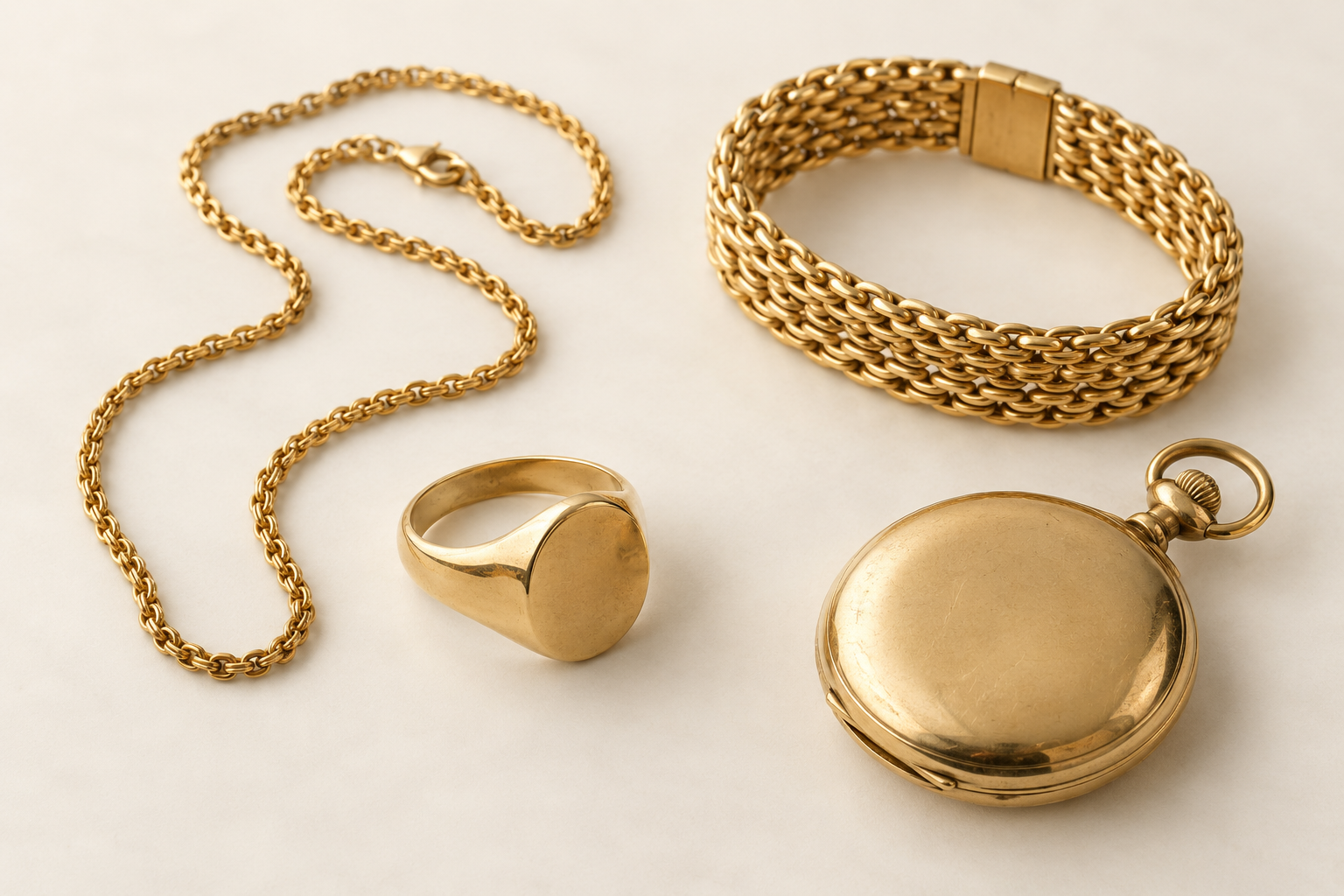 Chaîne, bracelet maille américaine, chevalière et montre à gousset en or — illustration