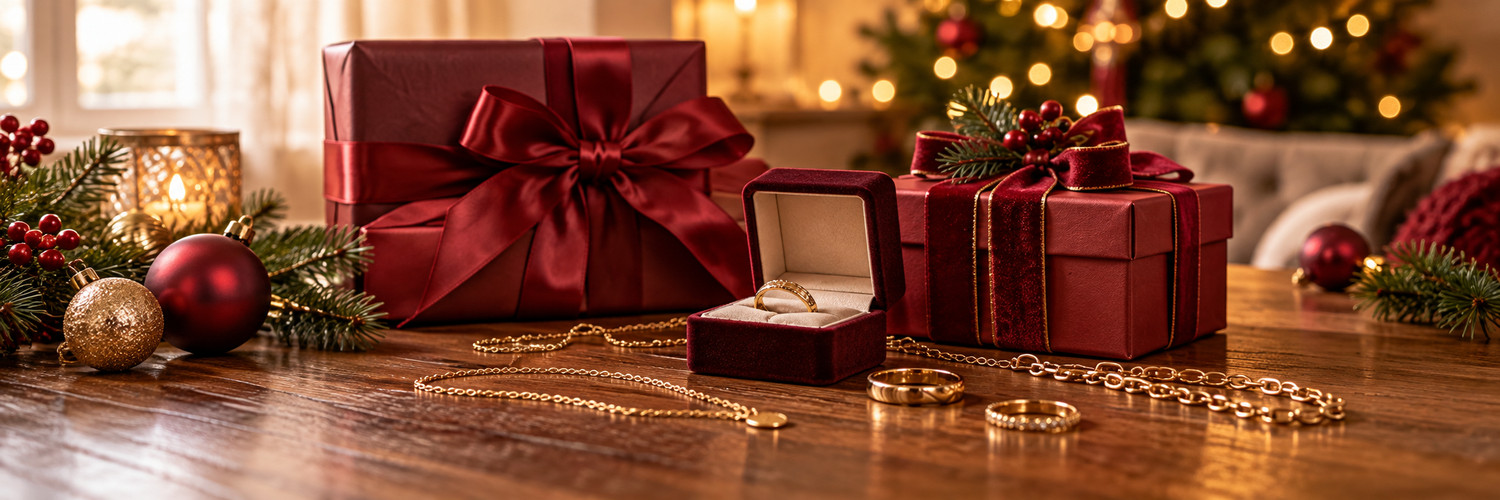 Cadeaux de Noël et bijoux en or sur une table