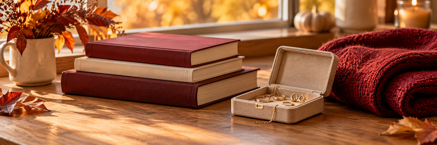 Bijoux près de livres et de vêtements pliés