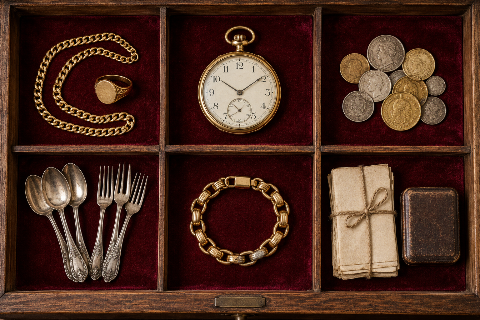 Tiroir illustré : bijoux en or, montre à gousset, monnaies, couverts, bracelet plaqué or et écrin de famille